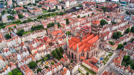 Aerial view of Gdansk. Landscape of Gdansks old city with the Mot awa River.