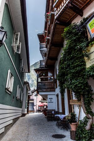 Hallstadt, Austria - July 2019. Beautiful houses of Hallstadt Austriaの写真素材