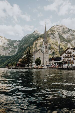 Hallstadt, Austria - July 2019: View of Hallstatt Village And Lake Hallstater See In Alpsの写真素材