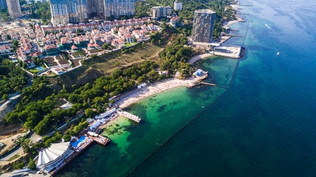 Aerial view of Odessa city and sea port at summer day drone