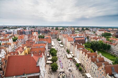 Gdansk, Poland - Juny, 2019. Cityscape aerial view on the old town with saint Marys church on the...