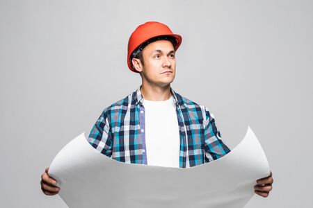 Engineer with blueprints isolated on white background