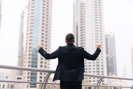 Rear view of businessman standing against skyscrapers view.の写真素材