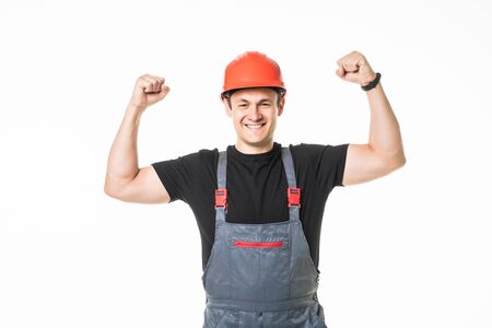happy handyman arms up isolated on white background