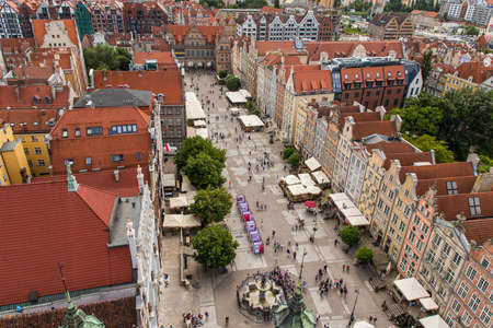 Gdansk, Poland - June, 2019: old buildings and colorful houses in Old Town Stare Miasto in Gdansk, aerial view from cathedral St. Mary's Church tower, Polandのeditorial素材
