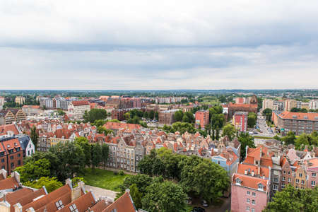 Gdansk, Poland - Juny, 2019: old buildings and colorful houses in Old Town Stare Miasto in Gdansk, aerial view from cathedral St. Mary's Church tower, Polandのeditorial素材
