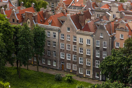 Gdansk, Poland - Juny, 2019: old buildings and colorful houses in Old Town Stare Miasto in Gdansk, aerial view from cathedral St. Mary's Church tower, Polandのeditorial素材