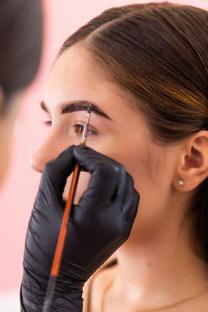 Young woman on correction and dyeing eyebrows with paint henna in salon.の写真素材