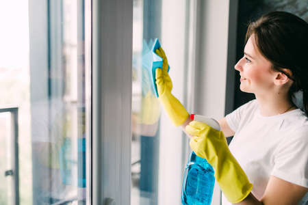 people, housework and housekeeping concept - happy woman in gloves cleaning window with rag and...