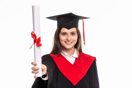 Happy graduated student girl with scroll isolated on whiteの写真素材