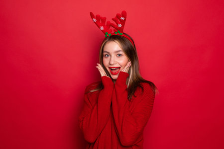 Portrait of woman dreaming x-mas wear head horns isolated red backgroundの写真素材