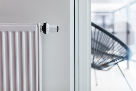 White radiator with temperature control valve central heating battery.の写真素材