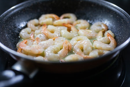 Shrimps baked In a pot Plate. Side viewの写真素材