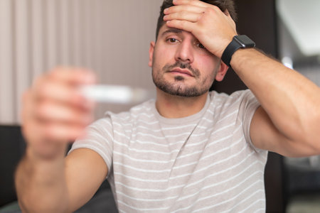 Sick man in bed measuring temperature feeling feverの写真素材