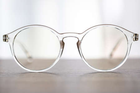 Eyeglasses close up. Eyeglasses. Modern style eyeglasses. Round glasses with transparent lenses.の写真素材