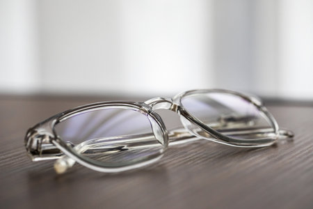 Eyeglasses close up. Eyeglasses. Modern style eyeglasses. Round glasses with transparent lenses.の写真素材