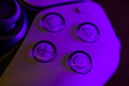 Chernivtsi, Ukraine - March, 2021: Extreme close up parts of joystick from new Sony PlayStation 5 settop box.のeditorial素材