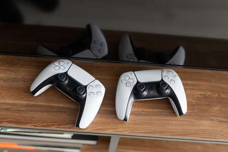 Chernivtsi, Ukraine - March, 2021: New PlayStation 5 Box Sony reveals PS5 console and games.