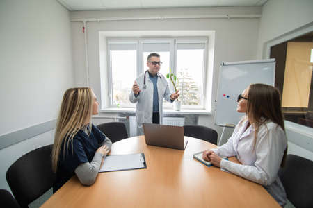 Happy medical team having a meeting in conference room in hospital. Doctors at briefing in hospital office.の写真素材
