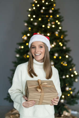 Beautiful girl holding a Christmas present in front of her. Happy woman in Santa hat standing near...