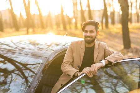 Handsome man standing and leaning on car door