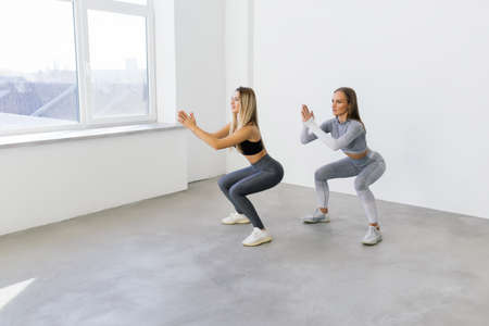 Two fit women doing squats at home Female workout sport and fitness.の写真素材