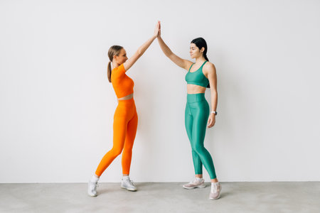 Fit young woman giving high five to friend after workoutの写真素材