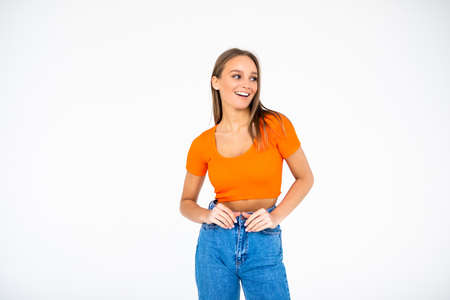 young beautiful woman on white backgroundの写真素材