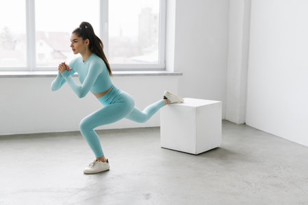 Female athlete doing box step ups at the gym, copy space