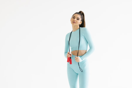 Portrait of a concenrated young fitness woman standing with a skipping rope on her shoulders and...
