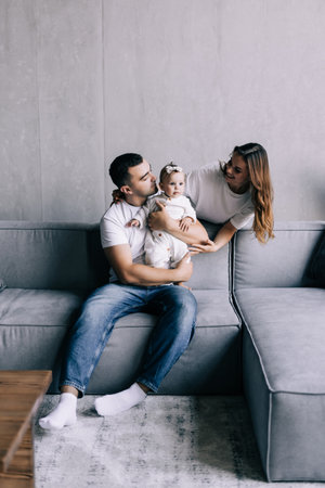 happy family mother, father, child daughter at home