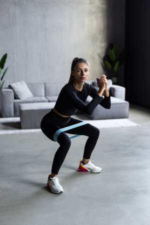 home sports concept. Girl doing squats with elastic band in living roomの写真素材