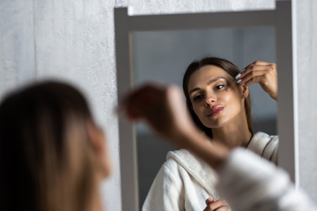 Portrait of a gorgeous woman applying a facial serum to her skin before the mirrorの写真素材