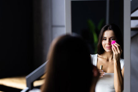 Beauty portrait of woman with perfect skin and natural makeup, full nude lips, holding a cosmetic sponge for foundation and face, with mirror reflection, outdoorの写真素材