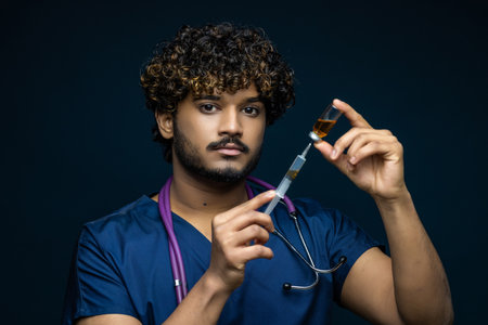 Focused indian doctor male looking at syringe with medicine isolated on black background. medicine...