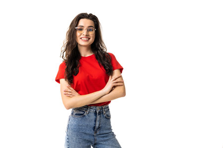 Portrait of a pretty smiling woman posing isolated on a white backgroundの写真素材