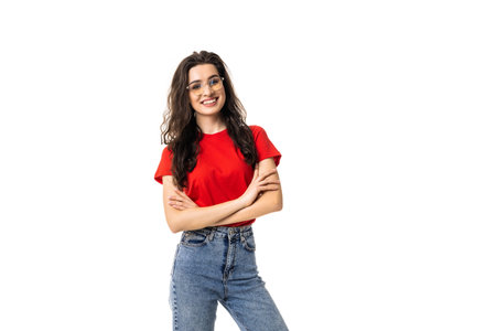 Portrait of a pretty smiling woman posing isolated on a white backgroundの写真素材