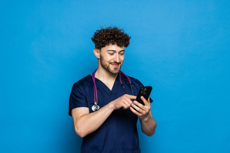 Male on-line doctor man use mobile phone isolated on blue background. Epidemic pandemic coronavirus 2019-ncov sars covid-19の写真素材