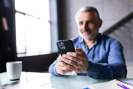 Businessman working with laptop computer and phone in home office. Portrait of happy confident middle aged, mid adult, mature age man smiling. Entrepreneur sitting at desk, managing business online.の写真素材