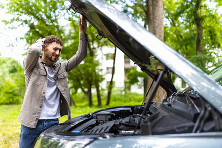 Man checking his broke down car.の写真素材