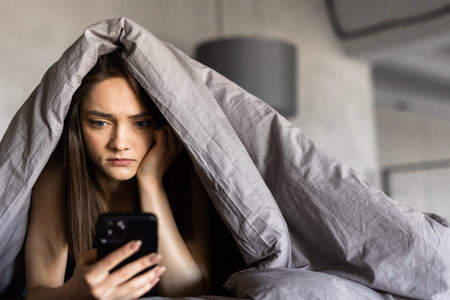 Sleepy woman lying in bed under the blanket using smartphone at nightの写真素材