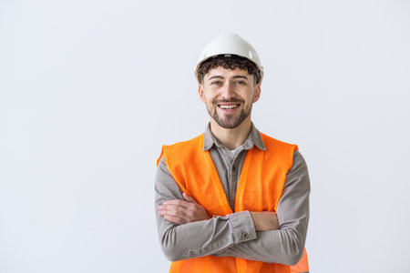 Young construction workers in hard hats on a white background