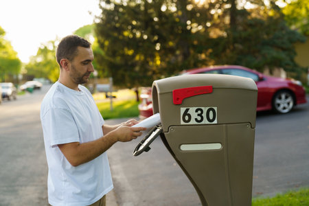 Young home owner checks on new letters and bills in his american typical mailbox, in workout...