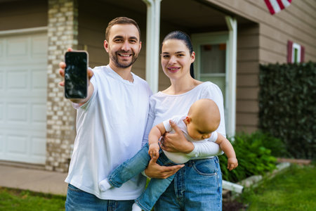 Young family standing in front of house outdoors holding phone screen.