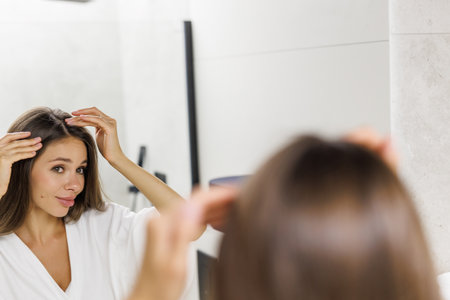 Woman controls hair loss and unhappy gazing at you in the mirrorの写真素材