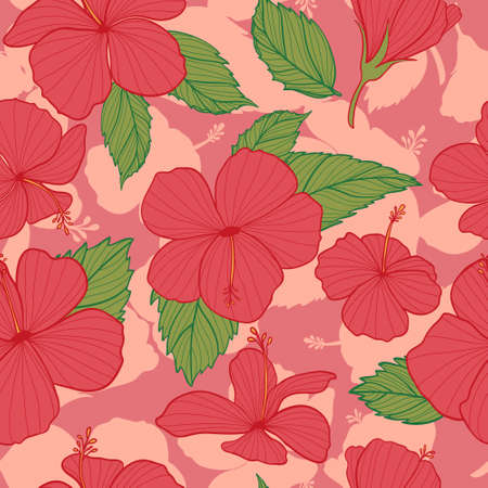 Vector Pink Hibiscus with shadow Silhouette Seamless Pattern Background. Perfect for fabric, scrapbooking, wallpaper.のイラスト素材