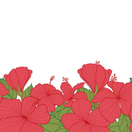 Vector Red Hibiscus Horizontal border repeat Pattern Background. Perfect for fabric, scrapbooking, wallpaper.のイラスト素材