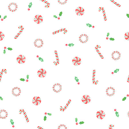 Christmas watercolor seamless pattern with candy cane and holly. Great for scrapbooking, wallpaper, gift wrap, fabricの写真素材
