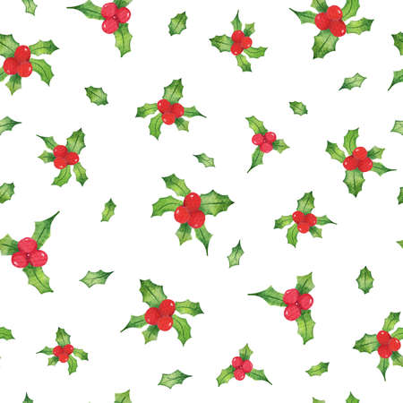 Watercolour Holiday Holly Leaves Seamless repeat patternの写真素材