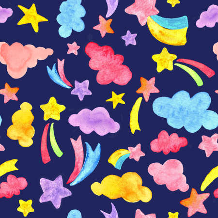 Watercolor Shooting Stars colorful clouds hand painted seamless patternの写真素材